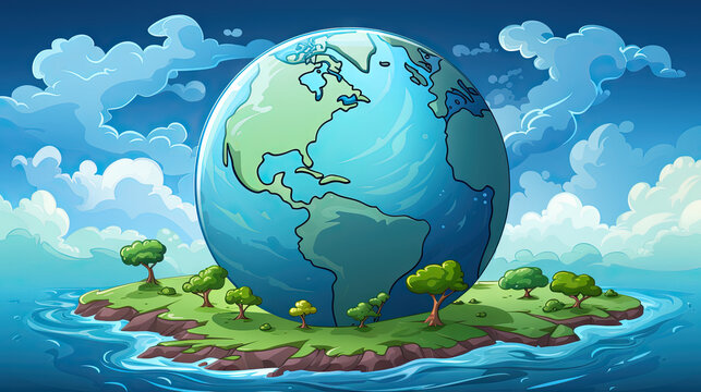 Cartoon scene with planet earth and trees on the island illustration.
