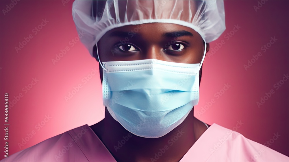 Poster smiling african male surgeon in scrubs wearing mask looking at camera bokeh pink background