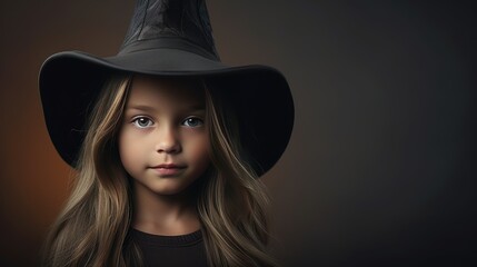Selective focus portrait of a child wearing a witch s hat copy space available in the studio