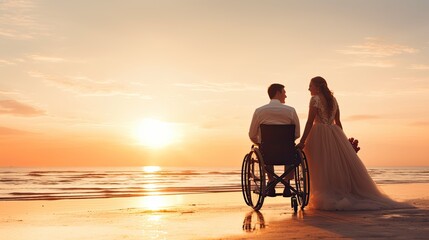 Newlywed couple in wedding attire on beach at sunset with space for text