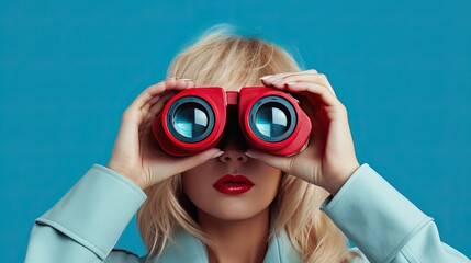 Woman using binoculars on a blue backdrop