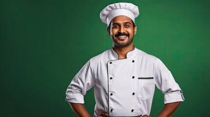 Indian male chef with a warm smile isolated on green background