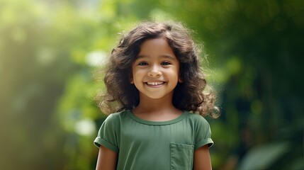Smiling little girl posing against green background with space for text