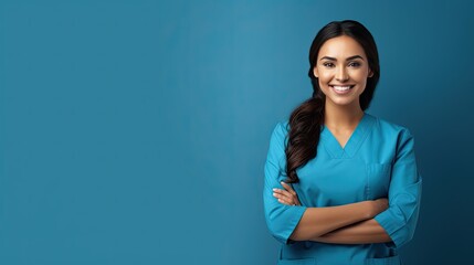 Beautiful Latin nurse with crossed arms blue background - obrazy, fototapety, plakaty