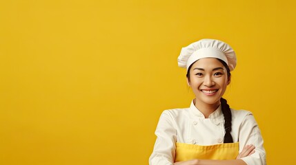 Smiling Asian female chef portrait on yellow background Banner copy space