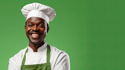 Smiling African American male chef on solid green background