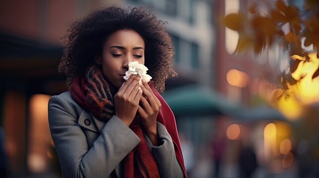 Black woman with tissue managing cold or allergies symptoms