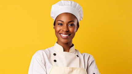 Smiling African American female chef s portrait on yellow background Banner space for text