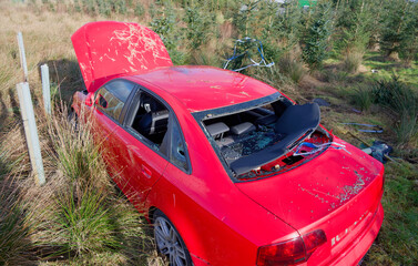 Car crash in rural countryside between Kilmacolm and Port Glasgow