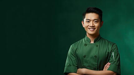 Smiling Asian male chef isolated on green background Copy space