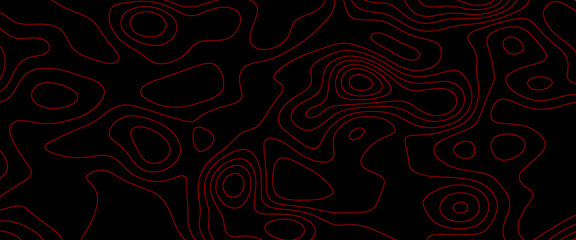 Topographic map contour in lines and contours. The concept of a conditional geography scheme and the terrain path. Red on black. Ultra wide size. Vector illustration 