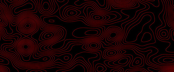Topographic map contour in lines and contours. The concept of a conditional geography scheme and the terrain path. Red on black. Ultra wide size. Vector illustration 