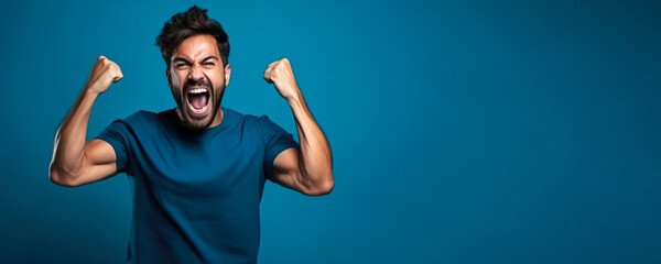 American football fan celebrating a victory on blue background with empty space for text 