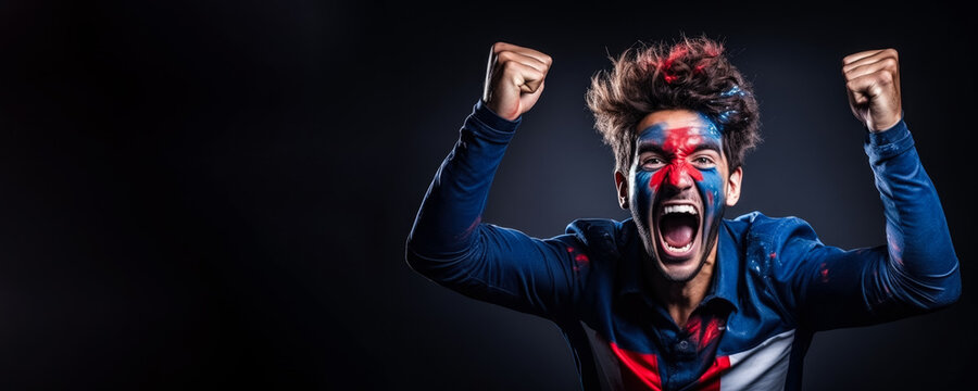 French football fan celebrating a victory on blue background with empty space for text 