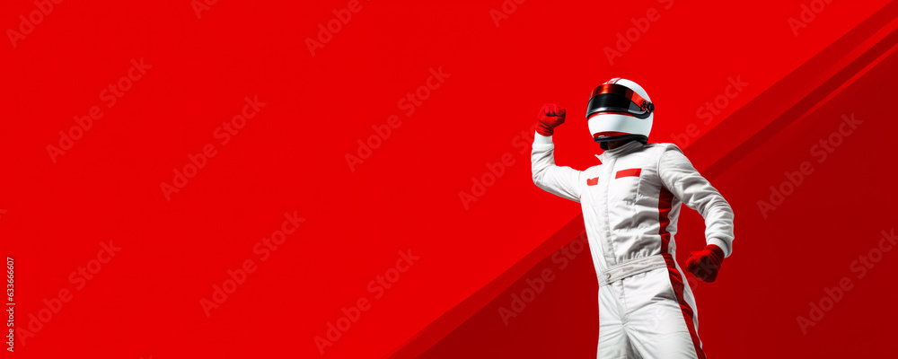 Poster race car driver triumphantly crossing the finish line on red background with empty space for text