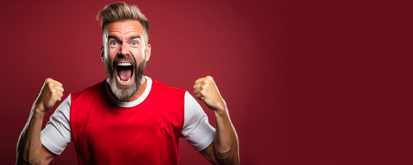 Polish football fan celebrating a victory on white and red background with empty space for text  - obrazy, fototapety, plakaty
