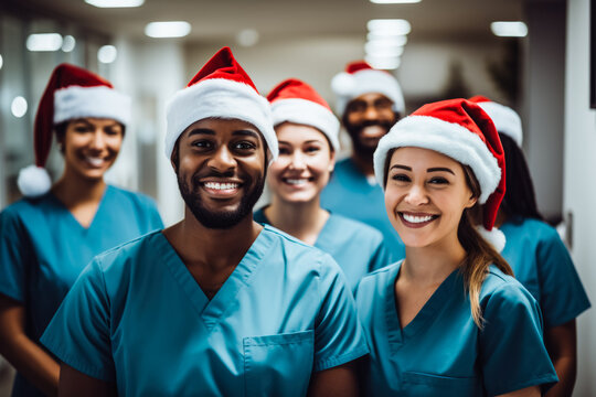 Team of nurses in a hospital on Christmas photo in santa hat 