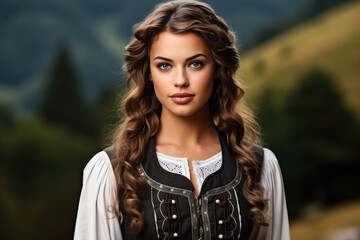 Fototapeta premium Young woman in traditional German clothes with beer on solid gray background 