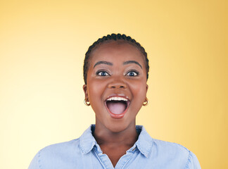 Surprise, wow or portrait of excited black woman on yellow background with smile for discount deal...