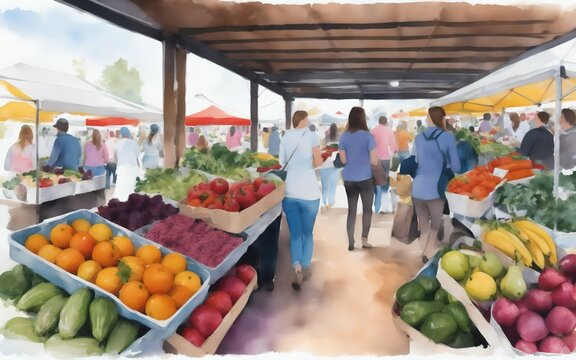 Outdoor market, fruit and vegetable shop, watercolor picture, generative ai