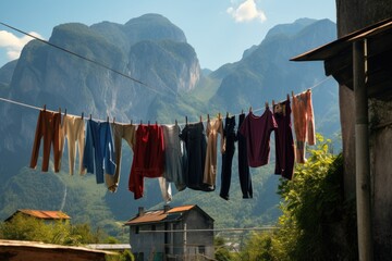 clothes drying on a line with a mountainous backdrop
