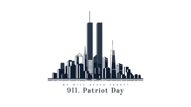 911 Patriot Day, New York skyline. NYC card design. 2 red stripes in form of twin towers. Design template for background, banner, card.