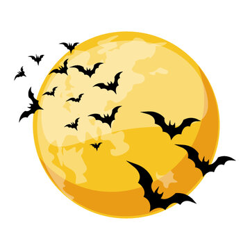 Cartoon orange night moon and bats