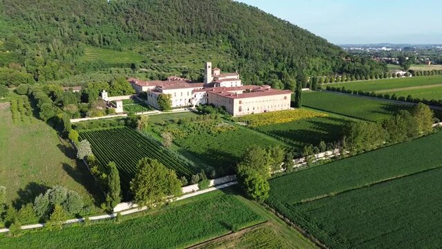 Aerial view of Benedictine monastery Abbazia di Praglia in Bresseo, Teolo by Padua in Italy as a Christianity, religion, and Catholicism concept