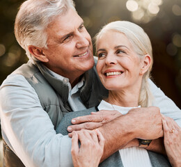 Happy, love and senior couple hug at a park, free and enjoy travel, holiday or weekend. Face, smile...
