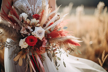 Close up of a boho wedding bouquet 