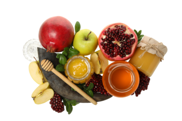 PNG, jars of honey, apples, pomegranate and horn, isolated on white background, top view