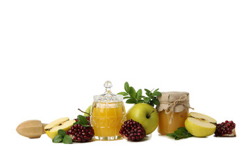 PNG, jars of honey, apples and pomegranate, isolated on white background