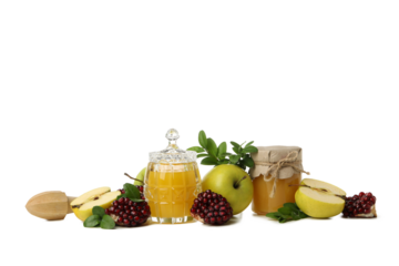 PNG, jars of honey, apples and pomegranate, isolated on white background