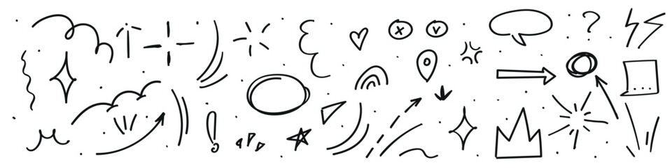 Hand-drawn arrow dynamics with doodle details, in anime-style cartoon presentation. Fun pencil sketch icons for creativity. Flat vector illustrations isolated background. © Viktoria