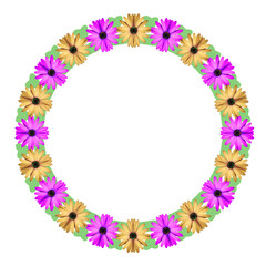 blumenkranz aus zehn gelben und zehn violetten blüten, freigestellt