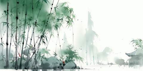 Chinese traditional ink wash painting of bamboo forest. Created with Generative AI technology.  © Anciens