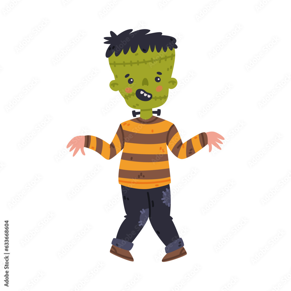 Wall mural Happy Green Zombie Boy at Halloween Party in Costume Vector Illustration