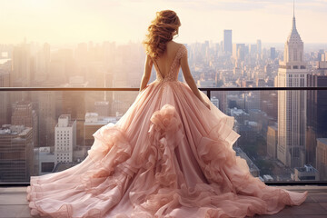 Obraz premium A woman in a flowing ball gown standing on a rooftop 