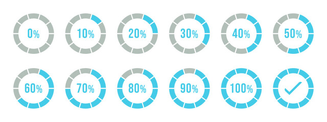 Percentage infographics in sky blue color. Circle loading and circle progress collection. Set of circle percentage diagrams for infographics 0 10 20 30 40 50 60 70 80 90 100 percent in sky blue color.