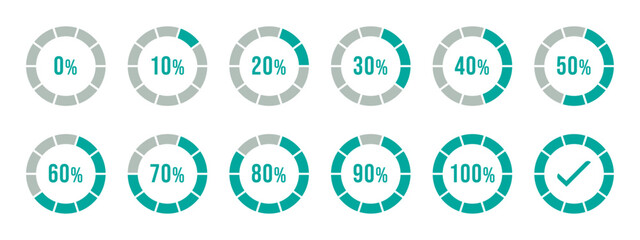 Percentage infographics in greenish blue color. Circle loading and circle progress collection. Set of circle percentage diagrams for infographics 0 10 20 30 40 50 60 70 80 90 100 percent in green blue