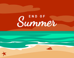 End of summer, summer day at the beach, sunset, flat design