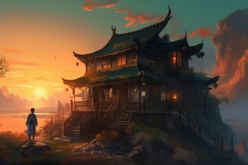 Chinese house sunset. Generate AI
