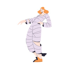 Happy Redhead Woman at Halloween Party Standing in Mummy Costume Vector Illustration