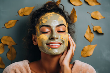 Smiling woman taking care of her skin, woman with a hydrating face mask for a spa day. 