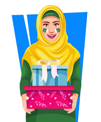 Pakistani woman in abaya and hijab holding gift on the occasion of Independence Day, character for flyer, poster, banner creative greeting design.
