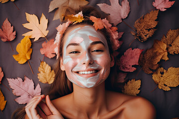 Smiling woman taking care of her skin, woman with a hydrating face mask for a spa day. 