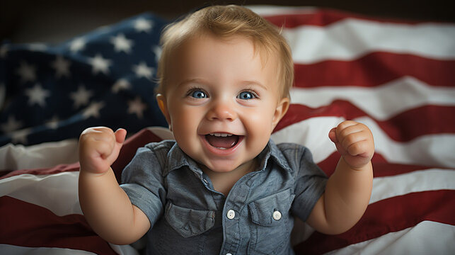 Cute baby with American flag. Generative Ai