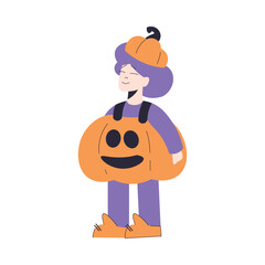 Happy Girl at Halloween Party Standing in Pumpkin Costume Vector Illustration