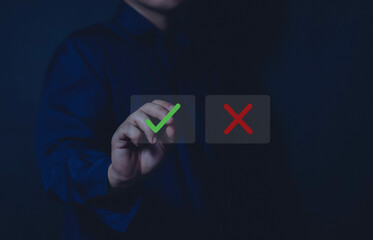 Businessmen think and choose between right and wrong symbols. True and False symbols accept...