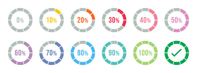 Percentage infographics in different colors. Circle loading and circle progress collection. Set of circle percentage diagrams for infographics 0 10 20 30 40 50 60 70 80 90 100 percent in various color